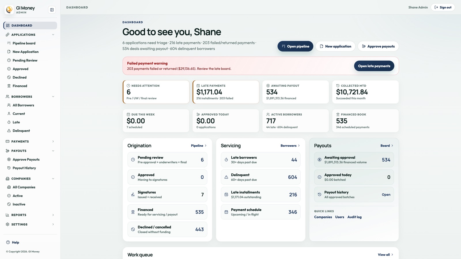 Lending admin dashboard
